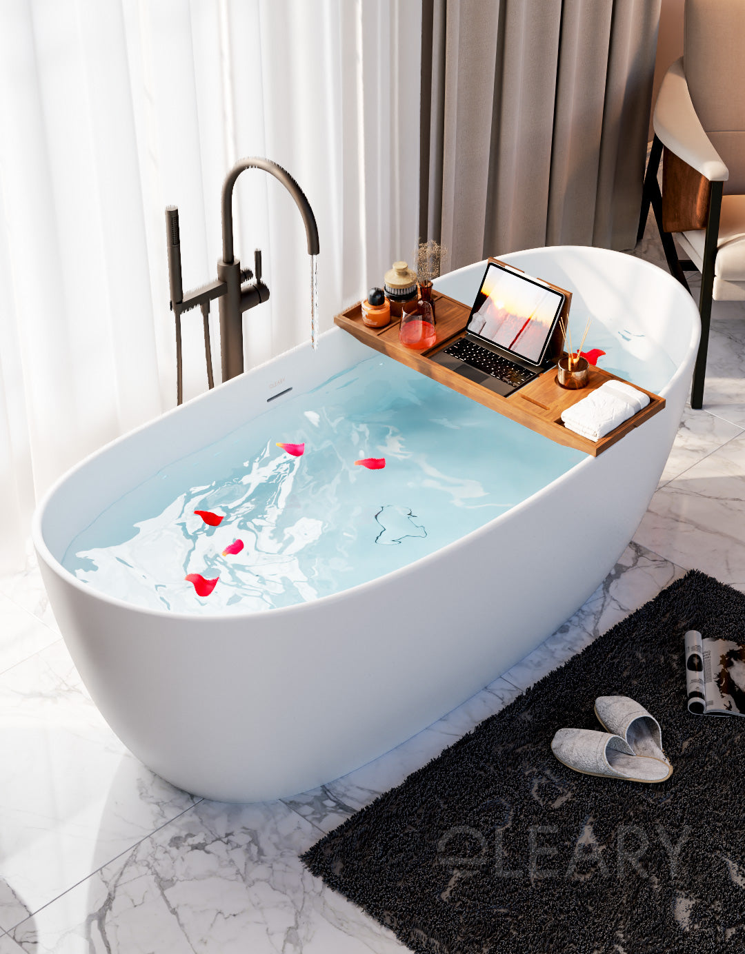 Modern Deep Oval Freestanding Matte White Stone Resin Japanese Soaking Bathtub