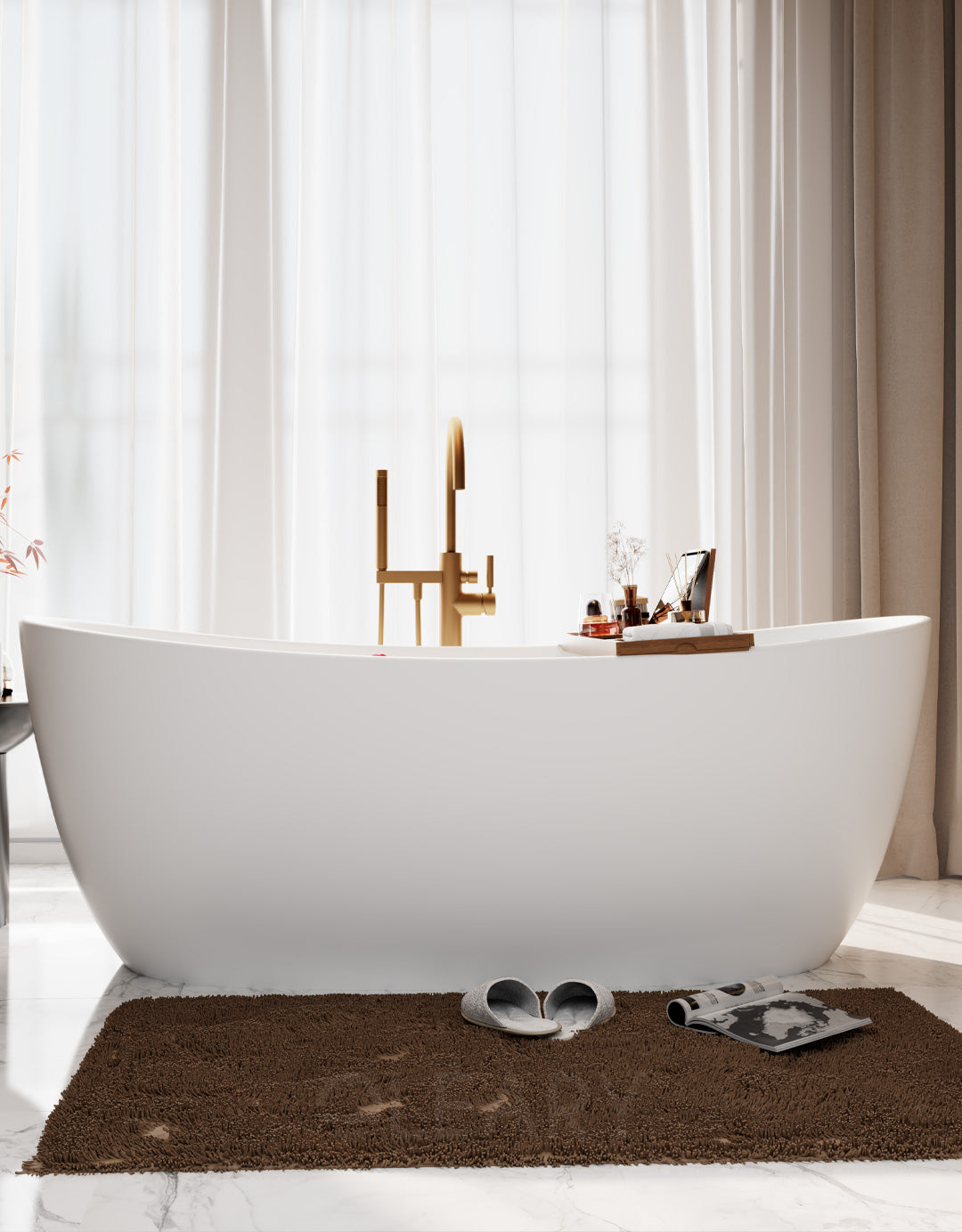 Modern Deep Oval Freestanding Matte White Stone Resin Japanese Soaking Bathtub