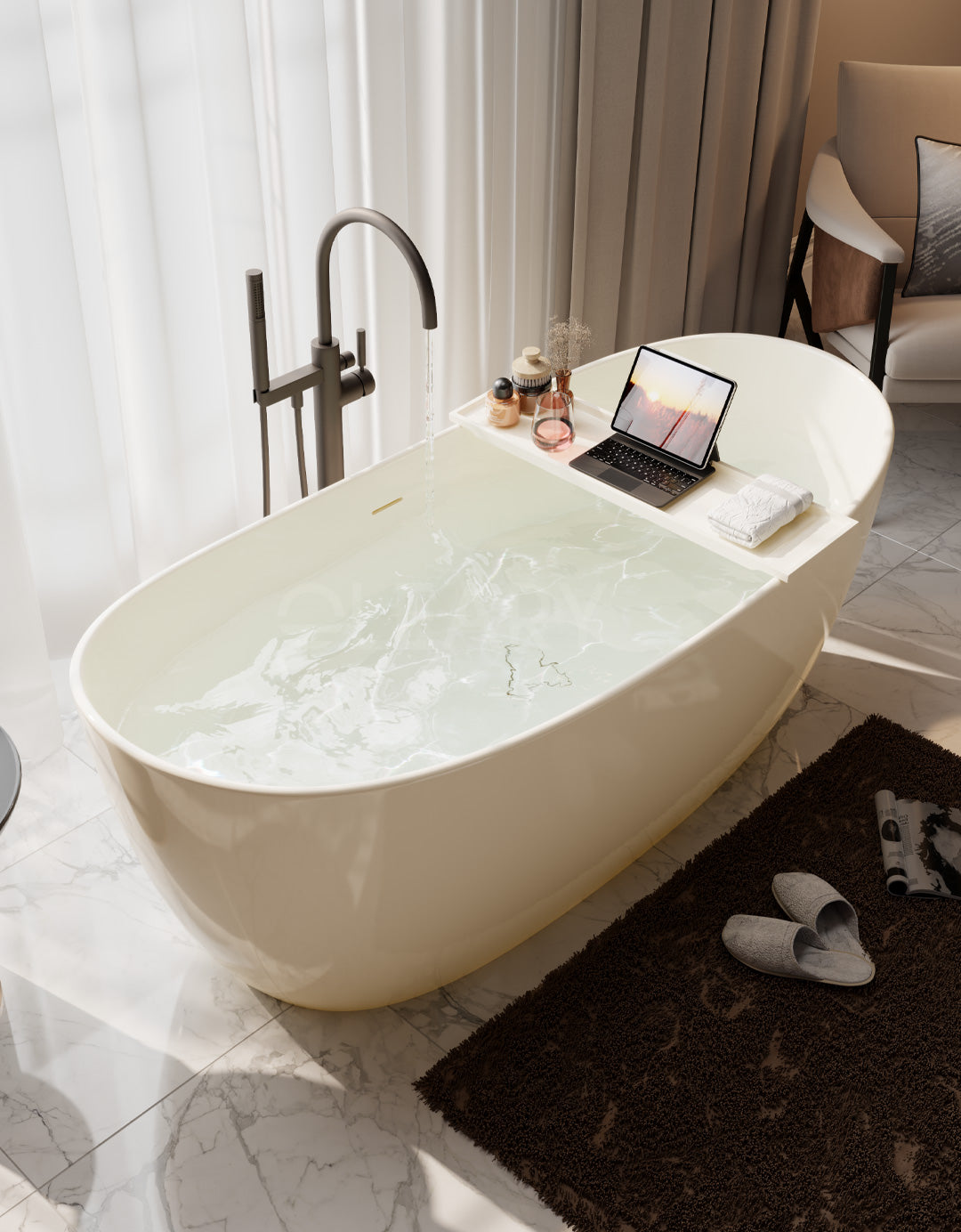 Modern Deep Oval Freestanding Matte White Stone Resin Japanese Soaking Bathtub