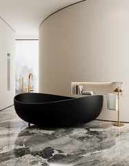 Modern White Matte Freestanding Oval Stone Resin Soaking Bathtub, Minimalist Luxury Design