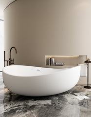 Modern White Matte Freestanding Oval Stone Resin Soaking Bathtub, Minimalist Luxury Design