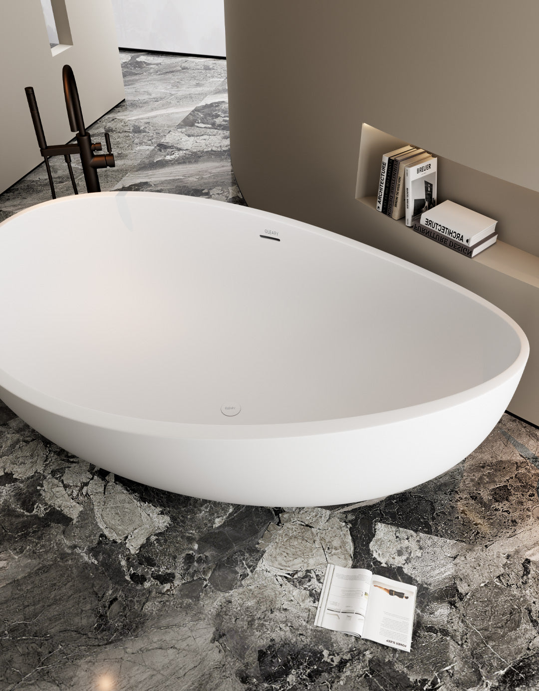 Modern White Matte Freestanding Oval Stone Resin Soaking Bathtub, Minimalist Luxury Design