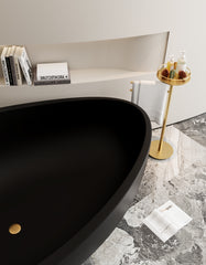 Modern White Matte Freestanding Oval Stone Resin Soaking Bathtub, Minimalist Luxury Design