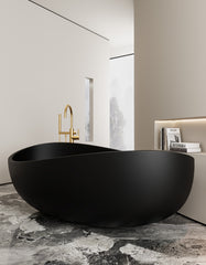 Modern White Matte Freestanding Oval Stone Resin Soaking Bathtub, Minimalist Luxury Design