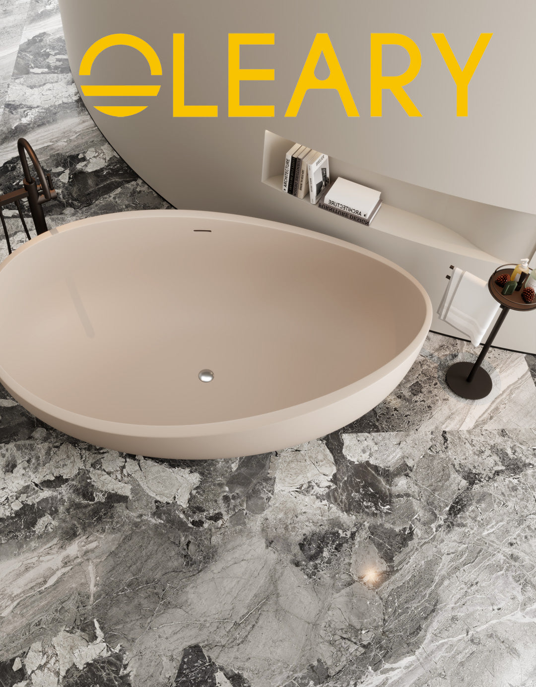 Modern White Matte Freestanding Oval Stone Resin Soaking Bathtub, Minimalist Luxury Design