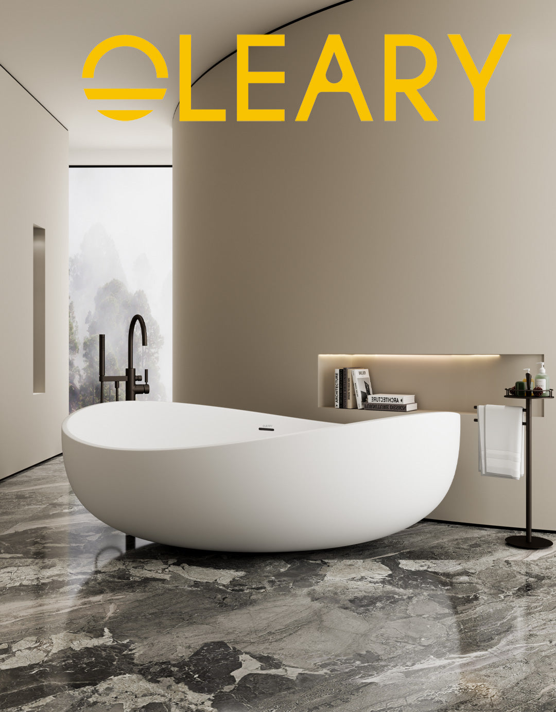 Modern White Matte Freestanding Oval Stone Resin Soaking Bathtub, Minimalist Luxury Design