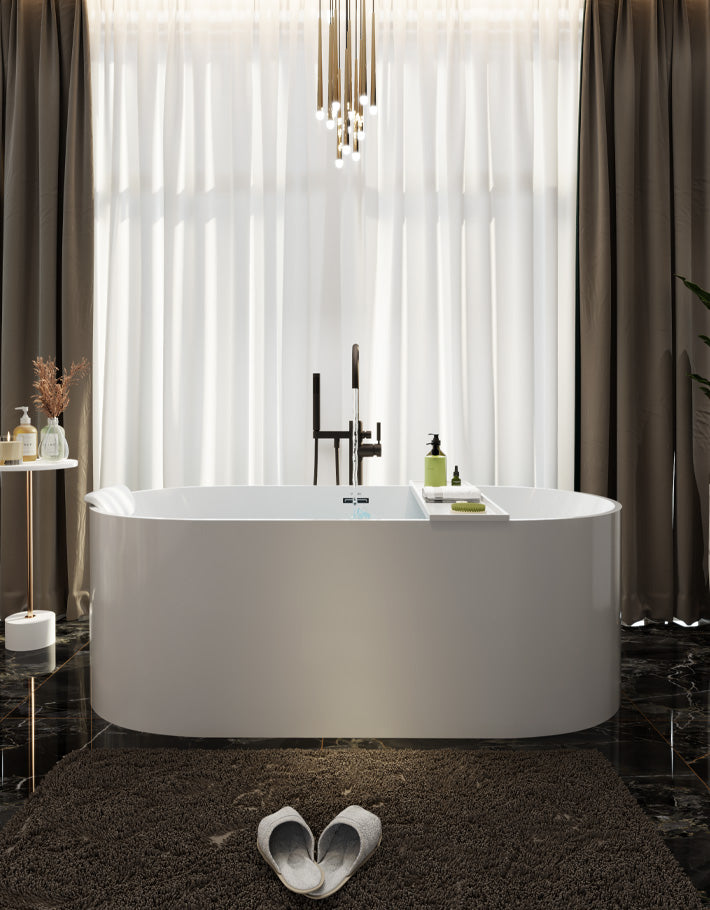 Modern Oval Freestanding Matte White Stone Resin Japanese Soaking Bathtub