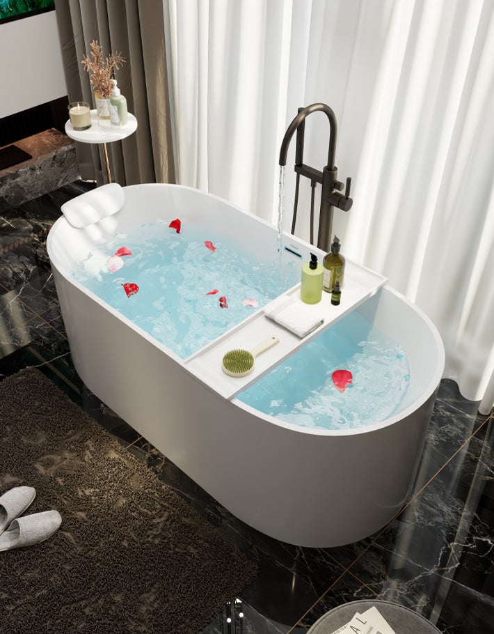 Modern Oval Freestanding Matte White Stone Resin Japanese Soaking Bathtub