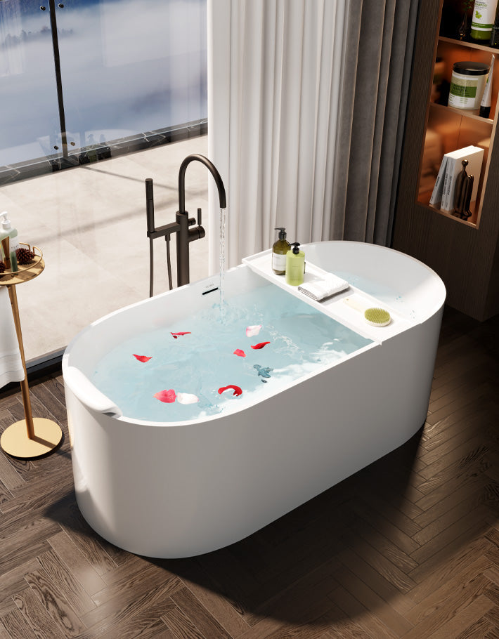 Modern Oval Freestanding Matte White Stone Resin Japanese Soaking Bathtub